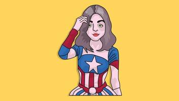 een woest vrouw Amerikaans gekleed vector illustratie van een superheld in een strak en elegant grappig boek kostuum