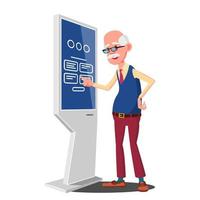 oud Mens gebruik makend van Geldautomaat machine, digitaal terminal vector. digitaal kiosk LED Scherm. zelf onderhoud informatie systeem. geïsoleerd vlak tekenfilm illustratie vector