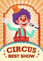 circus clown tonen poster blanco vector. wijnoogst magie show. fantastisch clown prestatie. vakantie en evenementen. illustratie vector