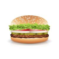 snel voedsel realistisch hamburger vector. Hamburger snel voedsel belegd broodje embleem realistisch geïsoleerd Aan wit achtergrond illustratie vector