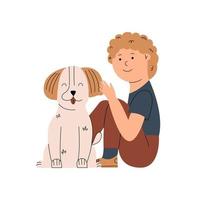 de jongen zit en beroertes de puppy's hoofd. vriendschap tussen kind en hond. vector illustratie in vlak stijl