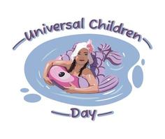 schattig weinig meisje zwemt in de water in een opblaasbaar cirkel net zo een vis. positief kleurrijk illustratie van kinderen vakantie vector