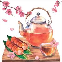 waterverf Aziatisch thee samenstelling met transporterend theepot, kop van thee, dango Aan bladeren nory Aan houten bord en sakura Afdeling isoleren Aan wit achtergrond. vector