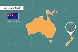 nieuw Zeeland kaart in Australië zoom versie, pictogrammen tonen nieuw Zeeland plaats en vlaggen. vector