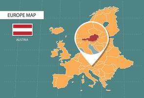 Oostenrijk kaart in Europa zoom versie, pictogrammen tonen Oostenrijk plaats en vlaggen. vector