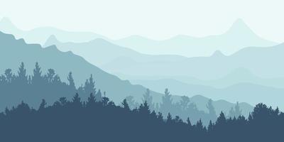 horizontaal berg landschap met bomen. panoramisch visie van ruggen en Woud in mist, vector illustratie.