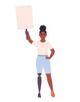 jong zwart vrouw met prothetisch been Holding schoon leeg banier of aanplakbiljet. activisme, sociaal beweging. democratie, rally en protest. persoon met fysiek onbekwaamheid vector