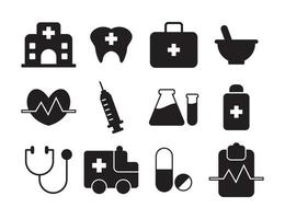 medisch reeks pictogrammen zwart kleur, wit achtergrond vlak ontwerp illustratie. Gezondheid vector