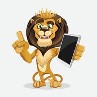 tekenfilm leeuw Holding smartphone en tonen duimen omhoog. vector