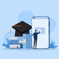 concept van studenten aan het studeren online Bij huis. karakter op zoek voor leerzaam video Aan smartphone. online lessen. online onderwijs en e-learning concept. geïsoleerd vlak isometrische vector illustratie