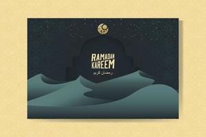 Ramadan kareem groet kaart met maan en zand duinen. Ramadan mubarak. achtergrond vector illustratie.