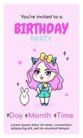 gelukkig verjaardag verticaal uitnodiging kaart met tekenfilm kawaii anime meisje en konijn. vector illustratie voor vieren datum geboorte. web of afdrukken ontwerp.