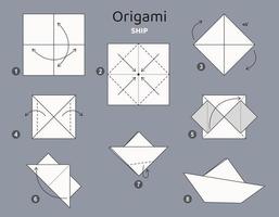 schip origami regeling. geïsoleerd origami elementen Aan grijs achtergrond. origami voor kinderen. stap door stap hoe naar maken origami schip. vector illustratie.