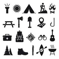 camping pictogrammen set. zwart Aan een wit achtergrond vector