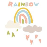 schattig veelkleurig regenboog. gemakkelijk kinderen vlak vector illustraties. perfect voor kinderen, affiches, afdrukken, ansichtkaarten, kleding stof. delicaat kleuren en een regenboog gekleurde opschrift met wolken. afdrukken