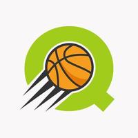 eerste brief q basketbal logo concept met in beweging basketbal icoon. mand bal logotype symbool vector sjabloon