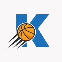 eerste brief k basketbal logo concept met in beweging basketbal icoon. mand bal logotype symbool vector sjabloon