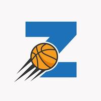 eerste brief z basketbal logo concept met in beweging basketbal icoon. mand bal logotype symbool vector sjabloon