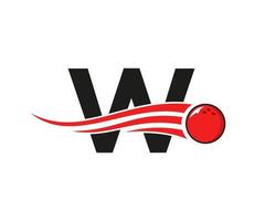 brief w bowling logo. bowling bal symbool met rood in beweging bal vector sjabloon