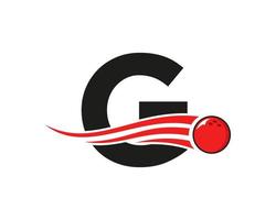 brief g bowling logo. bowling bal symbool met rood in beweging bal vector sjabloon