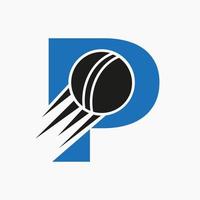 brief p krekel logo concept met in beweging krekel bal icoon. krekel sport- logotype symbool vector sjabloon
