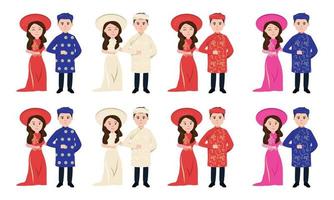 vector reeks van Vietnamees bruiloft paren vervelend traditioneel kleren clip art. Vietnamees bruid en bruidegom vector illustratie. bruiloft jurk, oa dag. Vietnamees traditioneel bruiloft ceremonie concept