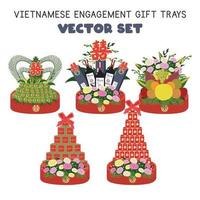 Vietnamees verloving geschenk dienbladen clip art. Vietnam bruidegom cadeaus gepresenteerd naar de bruid familie vlak vector illustratie. Vietnamees traditioneel bruiloft ceremonie concept. Chinese tekst dubbele geluk