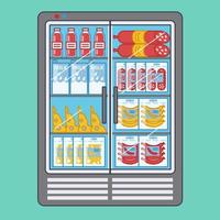 supermarkt koelkast met verscheidenheid van producten. sap, melk, worst, kaas. vector illustratie in tekenfilm stijl