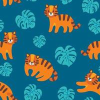 naadloos patroon met tijgers en monstera bladeren. exotisch fabriek en kat. vector illustratie in vlak stijl
