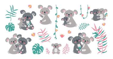 koala familie in oerwouden. koala ouders met baby's in bladeren, lianen en bloemen. vector illustratie