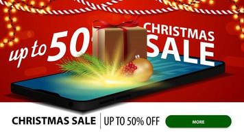 kerstuitverkoop, tot 50 korting, rode kortingsbanner voor website met smartphone vector