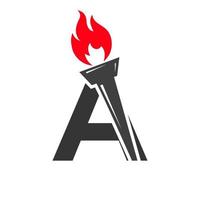 eerste brief een brand fakkel concept met brand en fakkel icoon vector symbool