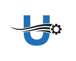 brief u uitrusting tandrad logo. automotive industrieel icoon, uitrusting logo, auto reparatie symbool vector