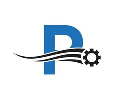 brief p uitrusting tandrad logo. automotive industrieel icoon, uitrusting logo, auto reparatie symbool vector