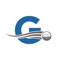 brief g golf logo concept met in beweging golf bal icoon. hockey sport- logotype symbool vector sjabloon