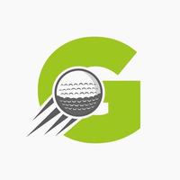 brief g golf logo concept met in beweging golf bal icoon. hockey sport- logotype symbool vector sjabloon