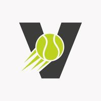 eerste brief v tennis logo concept met in beweging tennis bal icoon. tennis sport- logotype symbool vector sjabloon