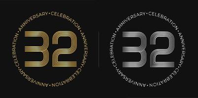 32ste verjaardag. tweeëndertig jaren verjaardag viering banier in gouden en zilver kleuren. circulaire logo met origineel getallen ontwerp in elegant lijnen. vector