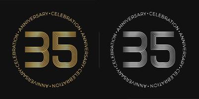 35e verjaardag. vijfendertig jaren verjaardag viering banier in gouden en zilver kleuren. circulaire logo met origineel getallen ontwerp in elegant lijnen. vector
