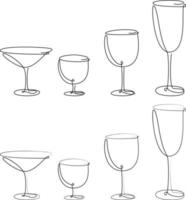 reeks van ware in een lijn, platen, reeks van bril in een lijn, glas van Champagne in een lijn, glas voor martini, wijn in een lijn, reeks van hand- getrokken drankjes vector