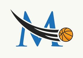 eerste brief m basketbal logo concept met in beweging basketbal icoon. mand bal logotype symbool vector sjabloon