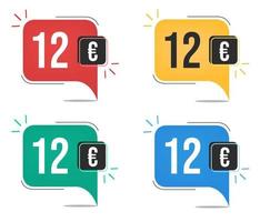 12 euro prijs. geel, rood, blauw en groen valuta tags met ballon concept. vector