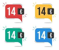 14 euro prijs. geel, rood, blauw en groen valuta tags met ballon concept. vector