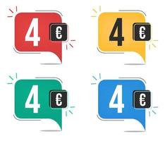 4 euro prijs. geel, rood, blauw en groen valuta labels. ballon concept met vier euro verkoop label. vector