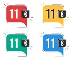 11 euro prijs. geel, rood, blauw en groen valuta tags met ballon concept. vector