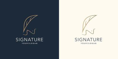 minimalistische schacht veer pen handtekening logo ontwerp. handschrift concept logo en ontwerp gouden kleur vector