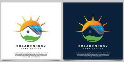 zon zonne- energie logo ontwerp met zonne- paneel tech en huis vector