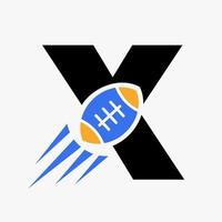 brief X rugby logo concept met in beweging rugby bal icoon. rugby sport- logotype symbool vector sjabloon