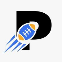 brief p rugby logo concept met in beweging rugby bal icoon. rugby sport- logotype symbool vector sjabloon