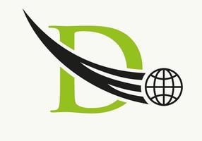 brief d wereld logo concept met in beweging globaal icoon vector sjabloon
